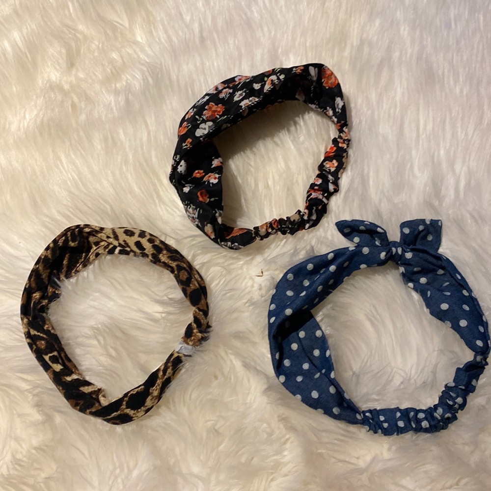 Headbands Lot of 3 Fabric Elastic Soft Leopard Floral and Polka Dot Print
